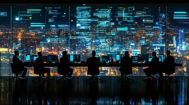 Business leaders discussing the implementation of new cybersecurity protocols in an office meeting Stock Photo with side copy space