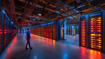 Technician walking through a data center room with rows of computer mainframes and servers Stock Photo with side copy space