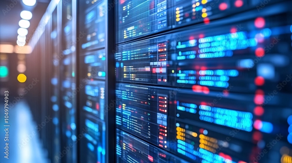 Poster Data center with high-tech server racks illuminated by blue and red LED lights Stock Photo with side copy space
