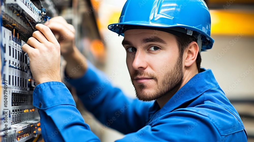 Poster IT engineer checking the status of a computer mainframe system in a high-security data center Stock Photo with side copy space