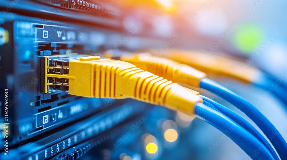Poster Modern data center room with neatly organized cables and server racks Stock Photo with side copy space