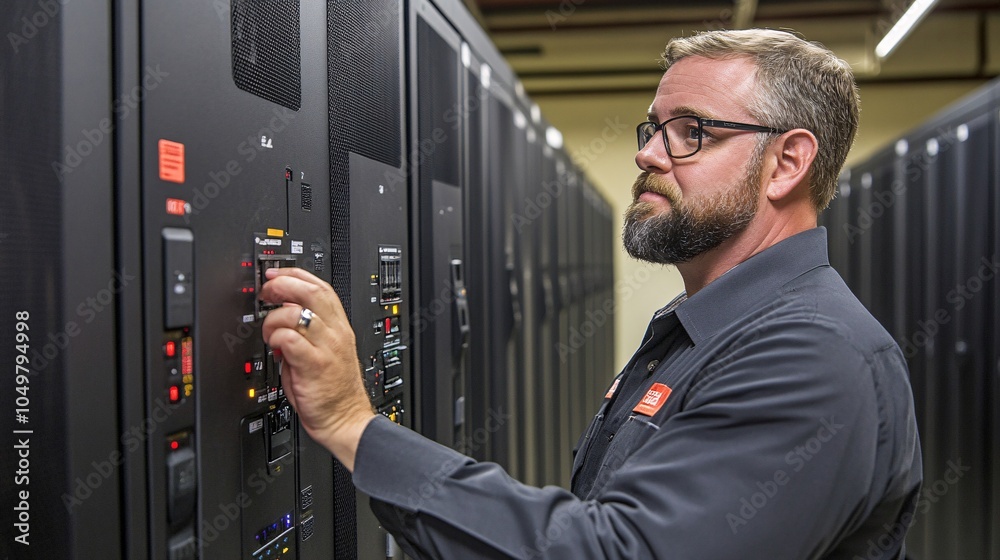 Poster IT engineer checking the status of a computer mainframe system in a high-security data center Stock Photo with side copy space