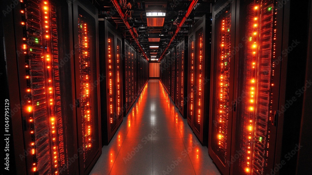 Poster Rows of network servers in a dimly lit data center with flashing indicators Stock Photo with side copy space