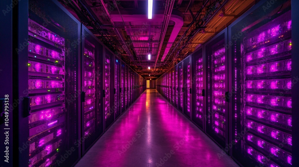 Poster Rows of network servers in a dimly lit data center with flashing indicators Stock Photo with side copy space
