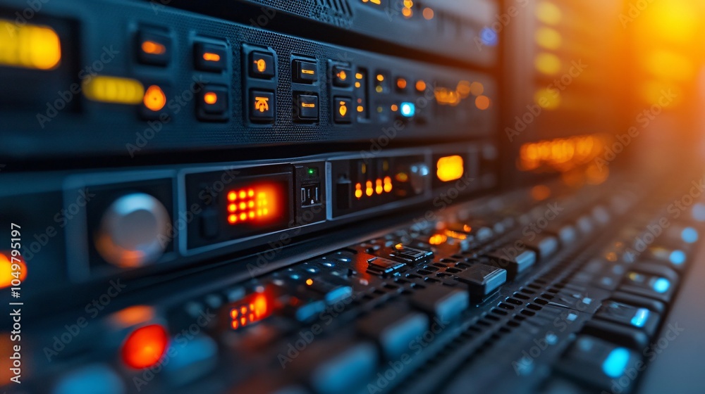 Poster Rows of network servers in a dimly lit data center with flashing indicators Stock Photo with side copy space