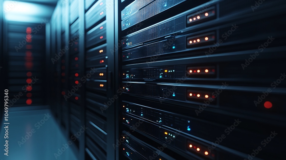 Poster Close-up of data cables and connections in a mainframe server rack Stock Photo with side copy space