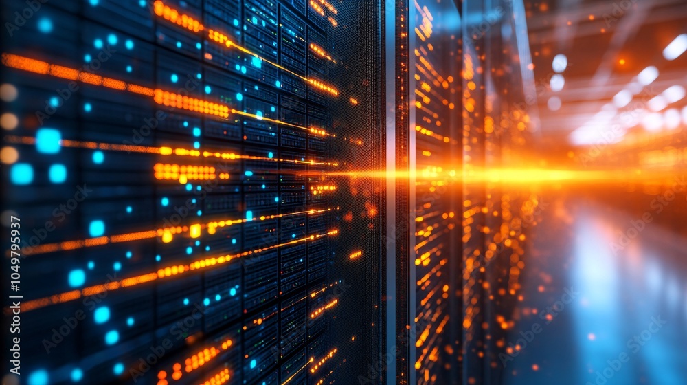 Aufkleber View of the interior of a massive data center with hundreds of server racks arranged in rows Stock Photo with side copy space