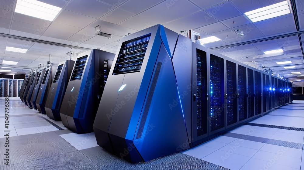 Poster Mainframe room with high-performance servers processing large amounts of data Stock Photo with side copy space