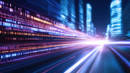 Obraz premium Dynamic cityscape with vibrant light trails and binary code, symbolizing technology and speed. scene captures essence of modern urban life and digital transformation
