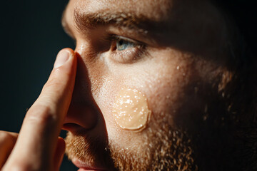 Handsome man with flawless skin applying premium serum, gentle light, focused close-up, sharp details on face and fingers, refined skincare scene.