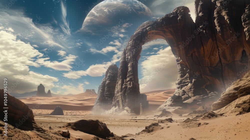 Poster a mesmerizing shot of a remote desert sand dune with surreal, wind-sculpted patterns and a rare, viv