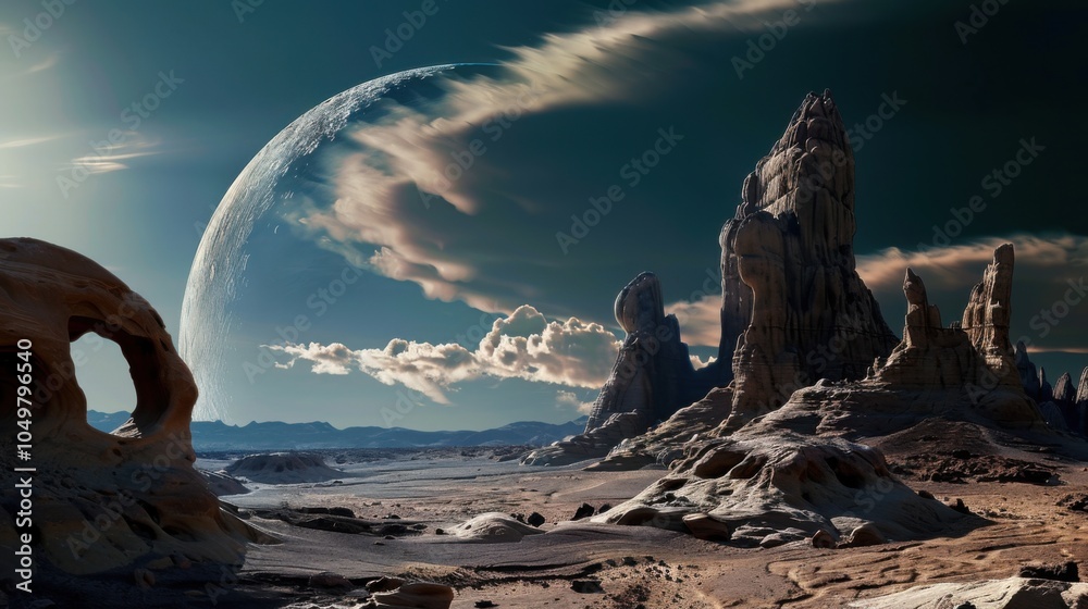 Poster a mesmerizing shot of a remote desert sand dune with surreal, wind-sculpted patterns and a rare, viv