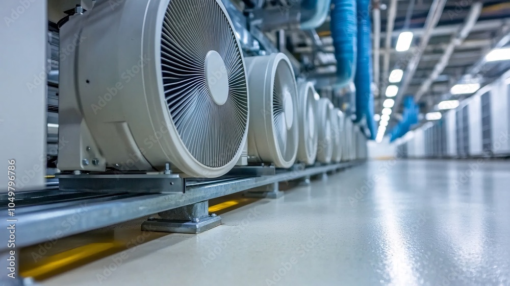 Poster Cooling fans and ventilation systems in a data center ensuring stable operating temperatures Stock Photo with side copy space