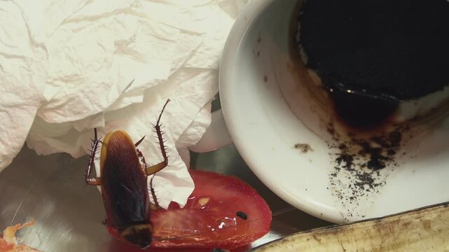 Huge cockroach among the scraps of perishable food and plates
