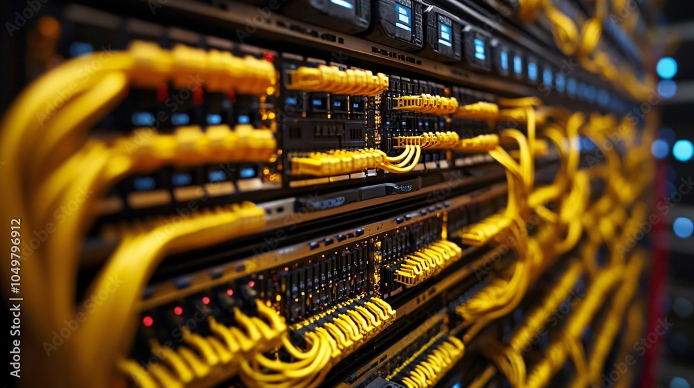 Poster Data center maintenance staff running system checks on secure server infrastructure Stock Photo with side copy space