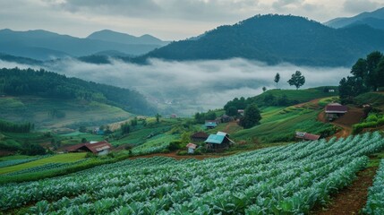 Fototapeta premium A foggy morning in Phu Thap Boek, with rows of cabbage fields and small farms nestled