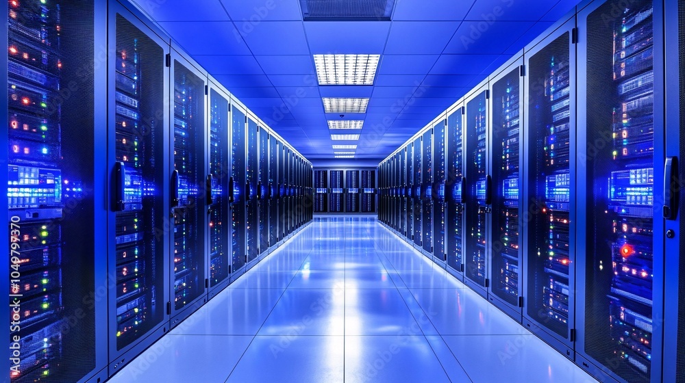 Aufkleber Mainframe storage systems with blinking lights indicating data processing in a secure server room Stock Photo with side copy space