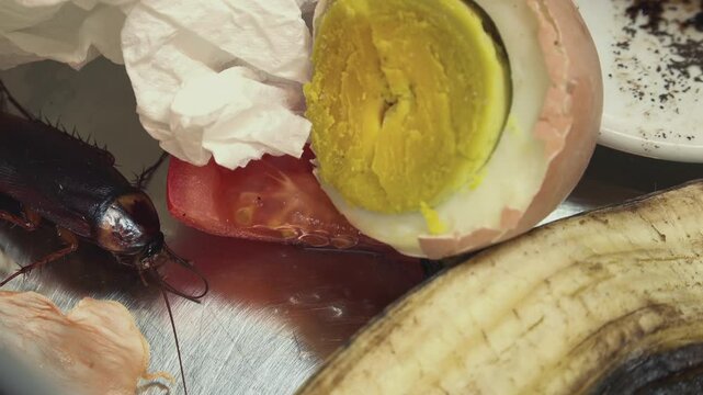 Huge cockroach among the scraps of perishable food and plates