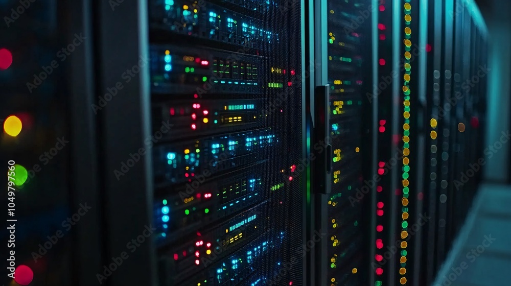 Aufkleber Mainframe storage systems with blinking lights indicating data processing in a secure server room Stock Photo with side copy space