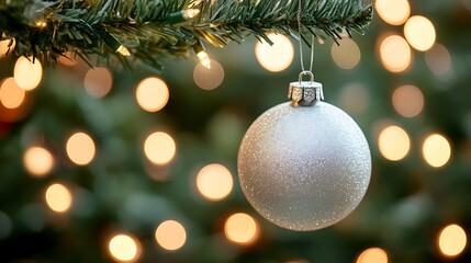 A silver Christmas ornament delicately hanging from a green branch, with a softly blurred background filled with glowing holiday lights.