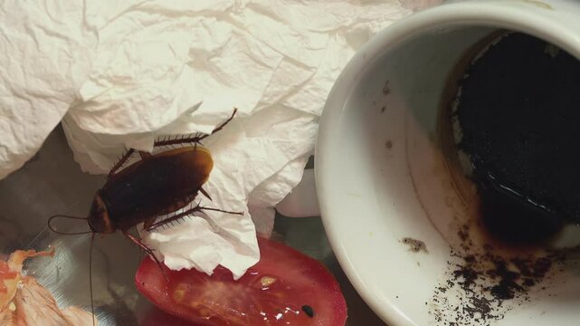 Huge cockroach among the scraps of perishable food and plates