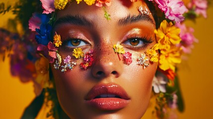 Obraz premium A woman with a flowery headdress and makeup