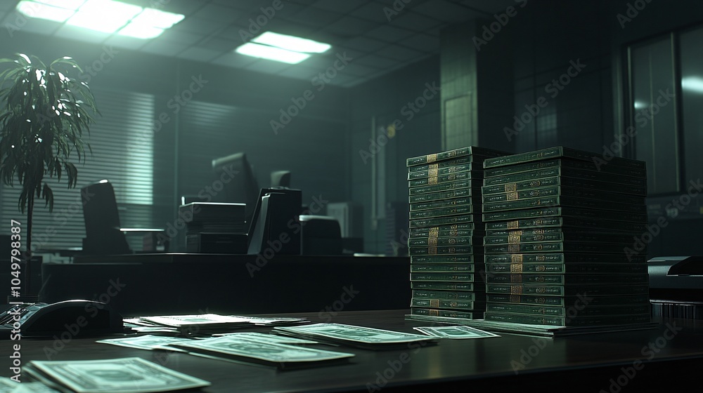 Poster corrupt business deal taking place in a dimly lit office with stacks of cash on the table stock phot