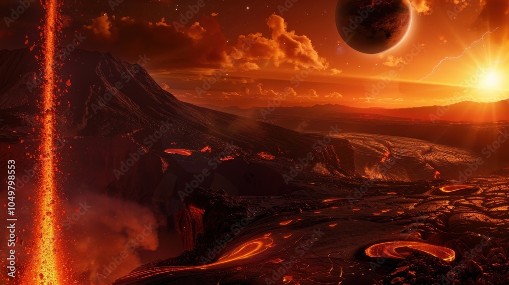 Poster a mesmerizing shot of a remote volcanic lava lake with intense lava flows and a rare, vivid planetar