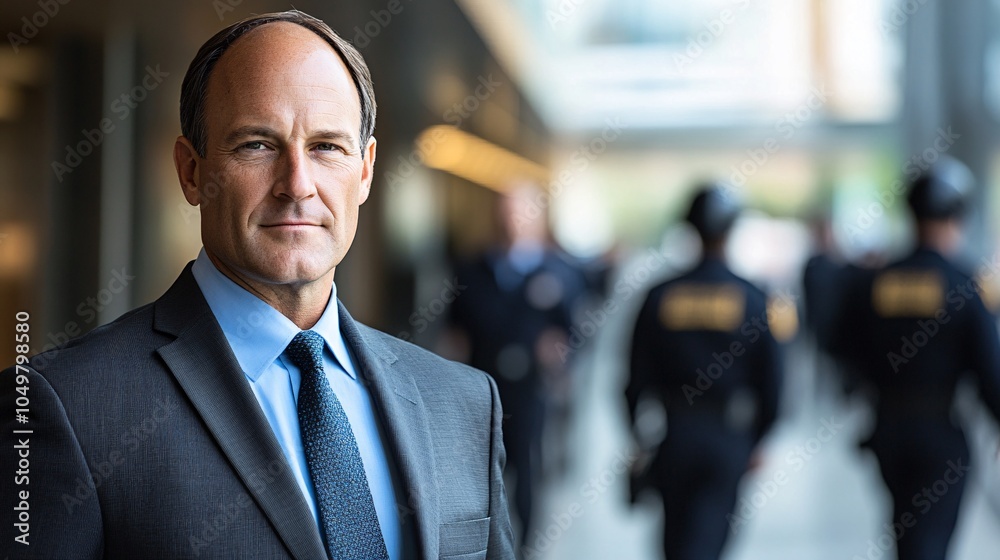 Poster ceo in a suit being escorted by federal agents through a corporate building stock photo with side co