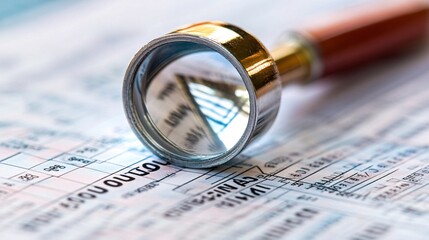 Forensic accountants examining bank statements and ledgers under close scrutiny Stock Photo with side copy space