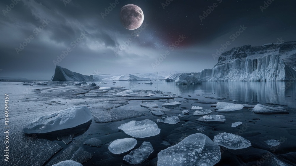 Poster a mesmerizing shot of an isolated fjord with rare ice formations and a stunning lunar eclipse castin