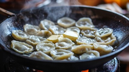 Delicious Pierogi with Butter and Onions in Warm Setting