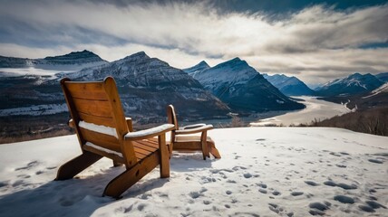 lake in the mountains with chairs 