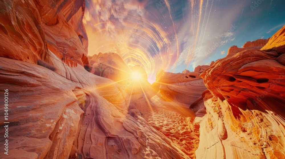 Poster a mesmerizing view of a high-altitude desert canyon with dramatic, sculpted rock formations and a ra