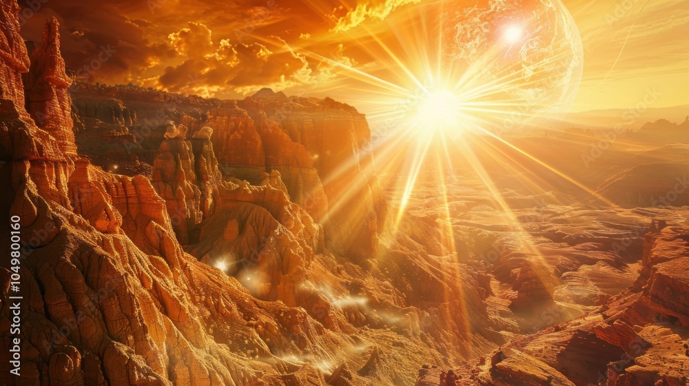 Poster a mesmerizing view of a high-altitude desert canyon with dramatic, sculpted rock formations and a ra