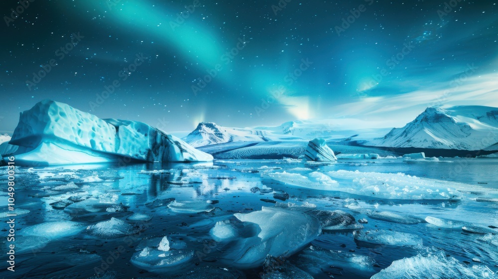 Poster a mesmerizing view of a high-altitude glacier lagoon with enormous, reflective icebergs and a rare, 