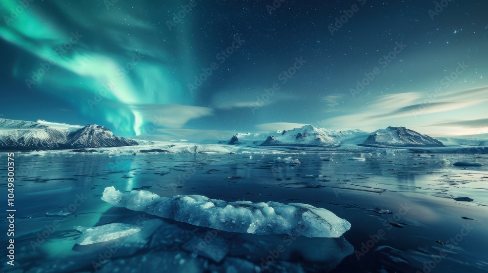 Poster a mesmerizing view of a high-altitude glacier lagoon with enormous, reflective icebergs and a rare, 