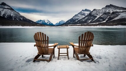 lake in the mountains with chairs 