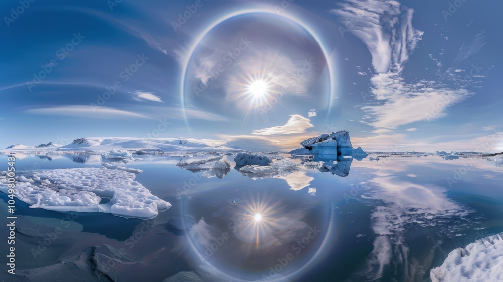 Poster a mesmerizing view of a high-altitude glacier lagoon with floating, translucent icebergs and a rare,