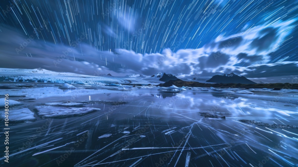 Poster a mesmerizing view of a high-altitude glacier lagoon with floating, translucent icebergs and a rare,