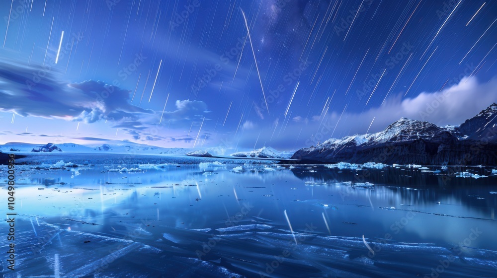 Poster a mesmerizing view of a high-altitude glacier lagoon with floating, translucent icebergs and a rare,
