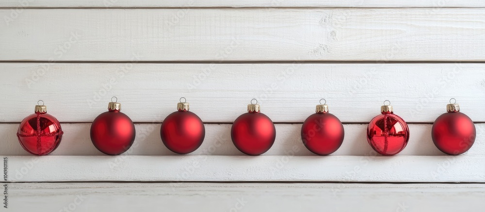 Poster arrangement of red christmas baubles on white wooden boards. with copy space image. place for adding