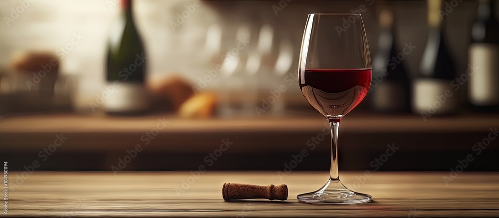 Poster Close up of a red wine glass on a table with a blurred bottle and corkscrew. with copy space image. Place for adding text or design