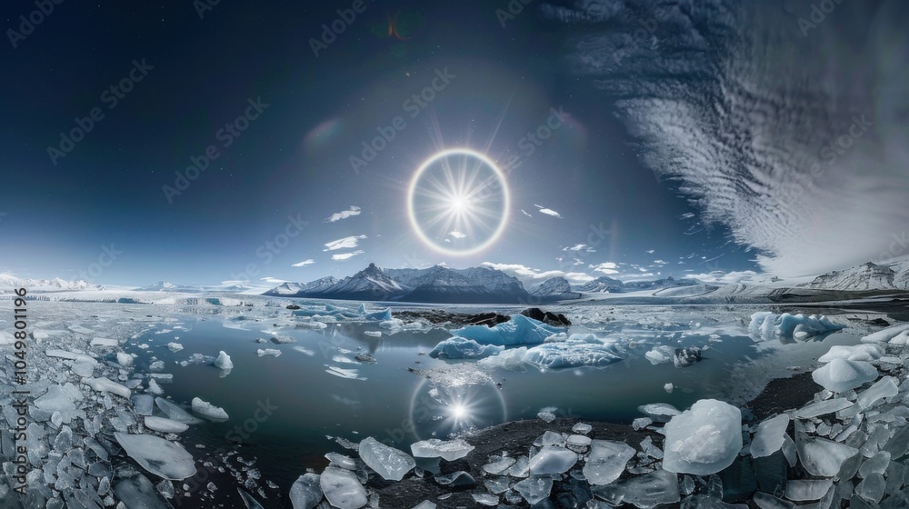 Poster a mesmerizing view of a high-altitude glacier lagoon with floating, translucent icebergs and a rare,