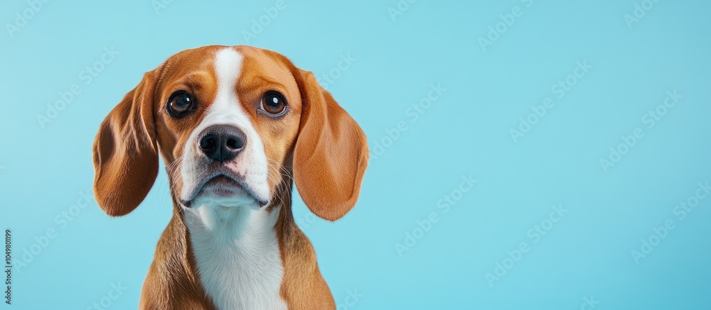 Poster Studio portrait of a beagle on a light blue background. with copy space image. Place for adding text or design