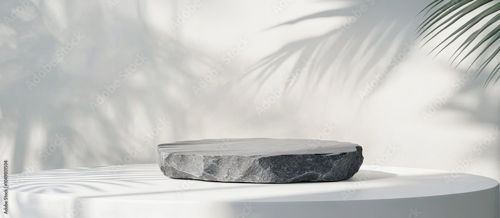 Leinwandbilder minimal abstract empty round slate rock podium on a white table surface background featuring shadows