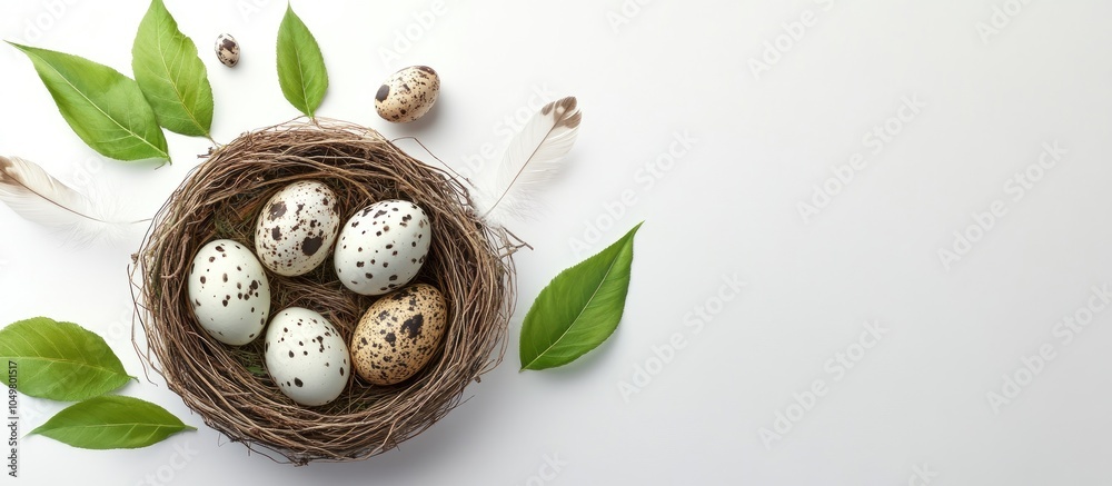 Aufkleber Bird nest containing Easter eggs on a white background Quail Easter eggs accompanied by spring green leaves and feathers in a nest on a white table with copyspace Spring Easter or healthy organic f