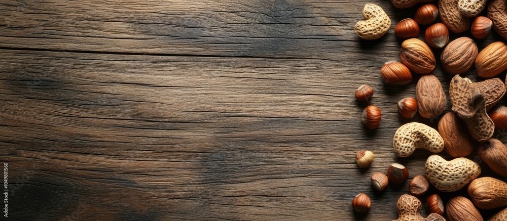 Poster top view of nuts on a wooden surface. with copy space image. place for adding text or design