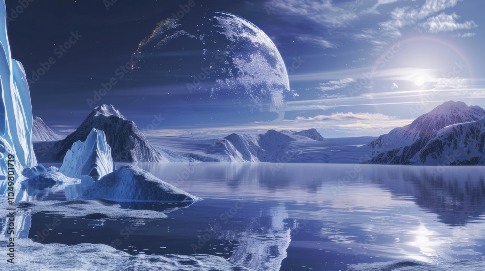 Poster a mesmerizing view of a high-altitude glacier lake with floating, translucent icebergs and a rare, d