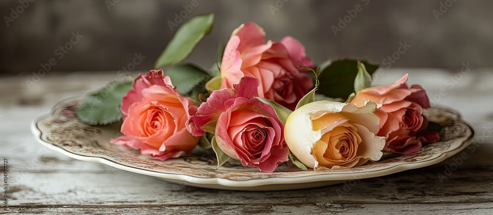 Poster romantic table arrangement featuring a bouquet of roses on an antique plate. with copy space image. 